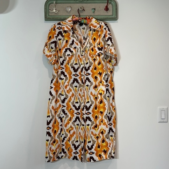 Ashley Stewart bohemian print linen Midi Shirt Dress 14 Orange Brown Button down - Picture 1 of 6